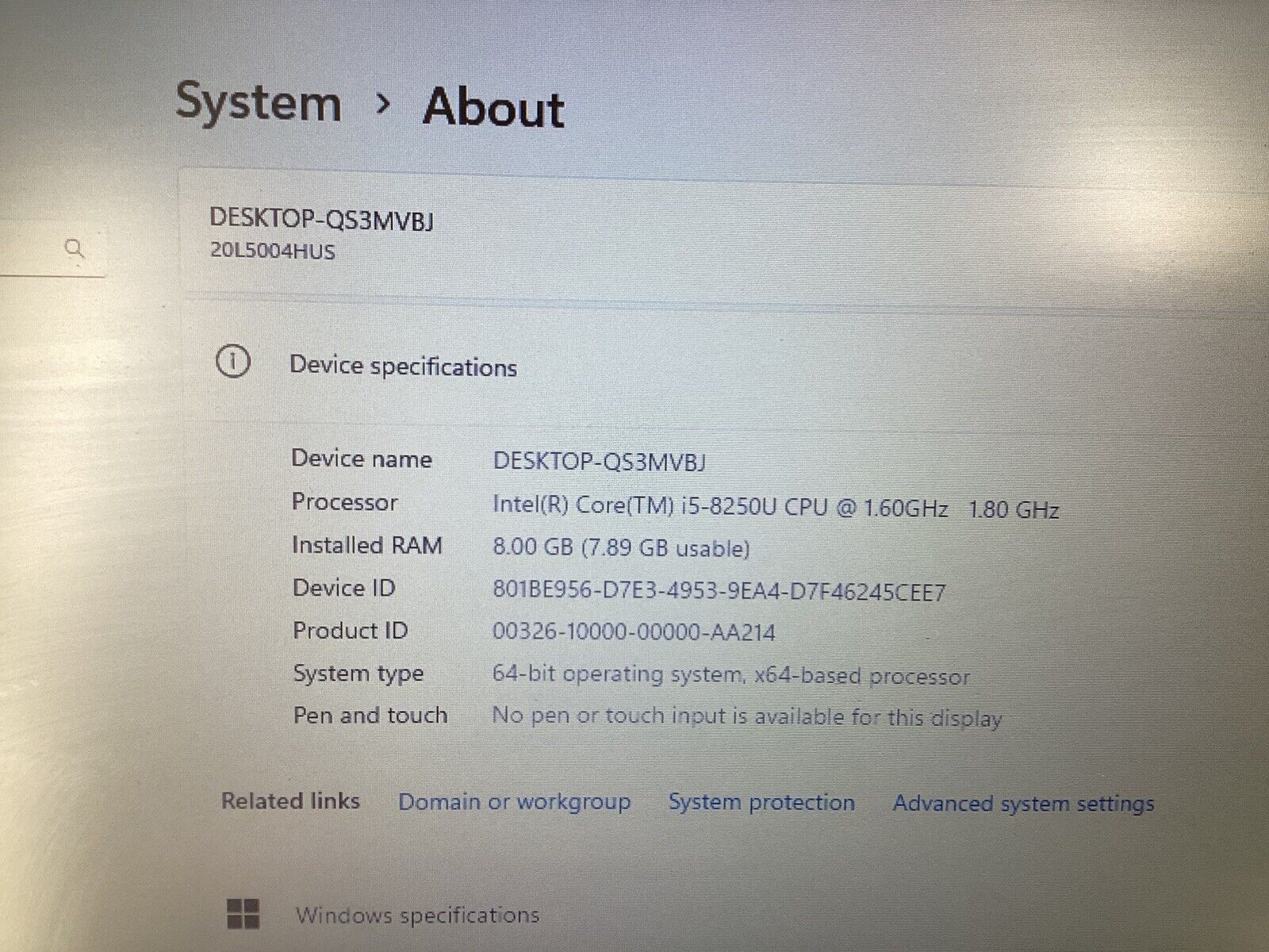 Lenovo ThinkPad T480 14" (i5-8250U @1.6GHz, 8GB RAM 256GB SSD) Win11Home No AC