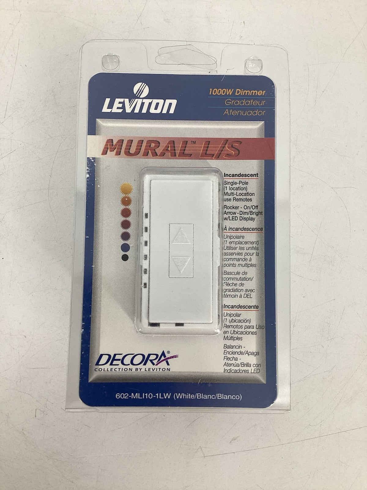 Leviton MLI10-1LW Mural Incandescent Rocker Dimmer White